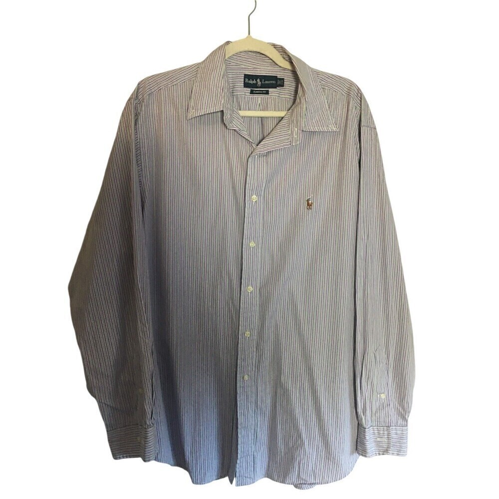 Ralph Lauren Shirt Men's Size 17.5 34 / 35 Purple Striped Button Up Long Sleeve